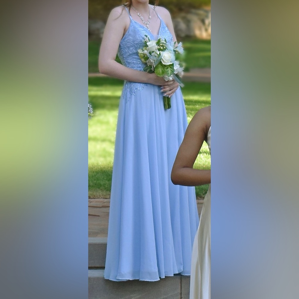Bella Divine Light Blue Beaded Formal Gown with Matching Shawl – Size 6